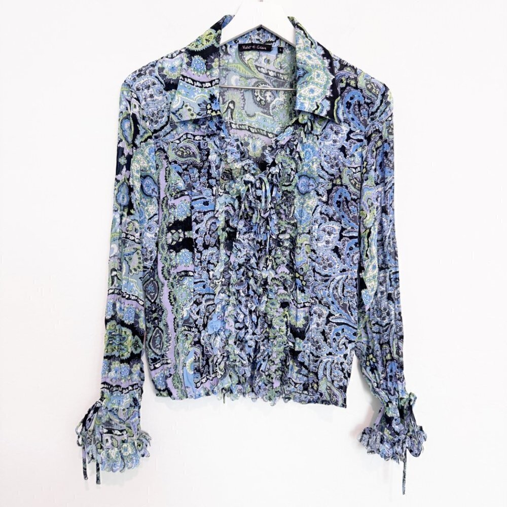 Violet + Claire Y2K Mesh Flare Sleeve Blouse Top 90s Fairy Indie Blue Size Large